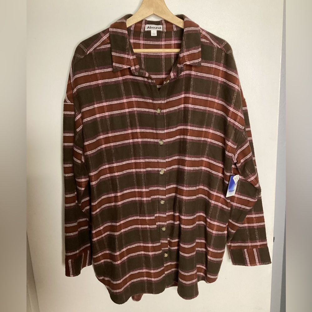 Abound Brown and Pink Plaid 100% Cotton Flannel Shirt L